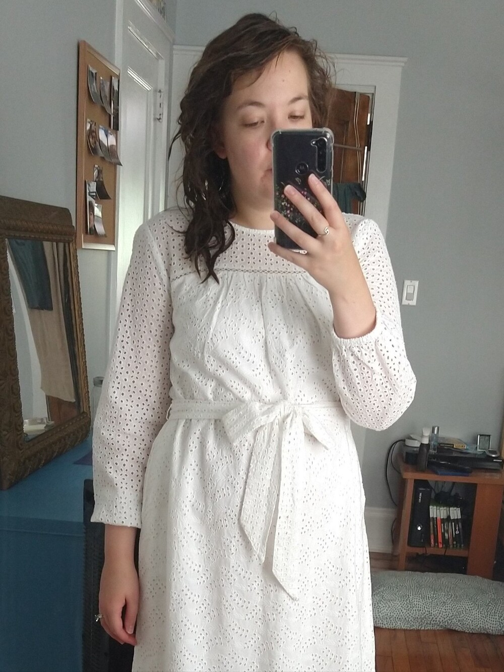 GAP White Eyelet Long-Sleeve Tie-Waist Dress